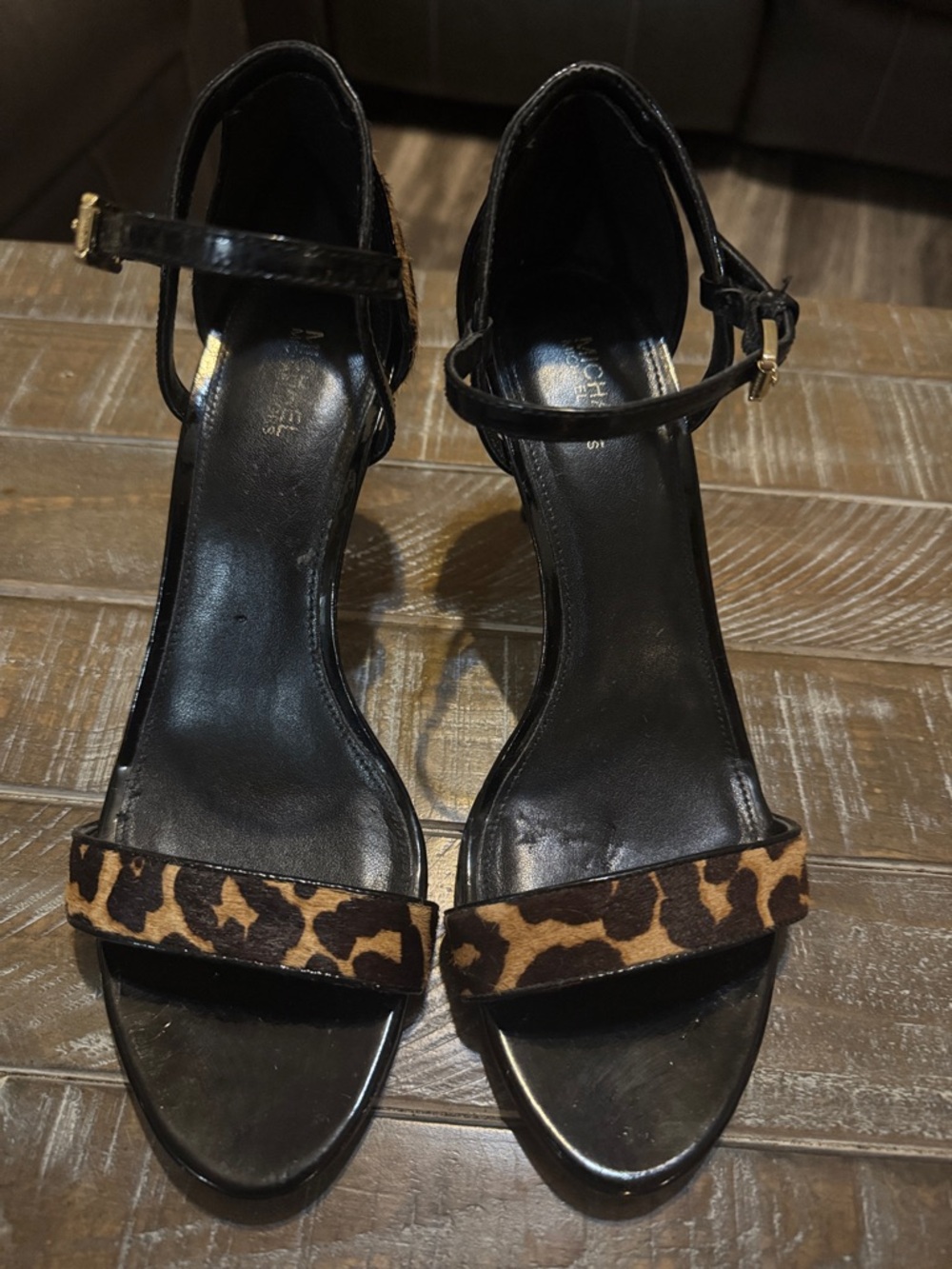 Michael Kors Black Leather Ankle-Strap Heels with Leopard Print Strap